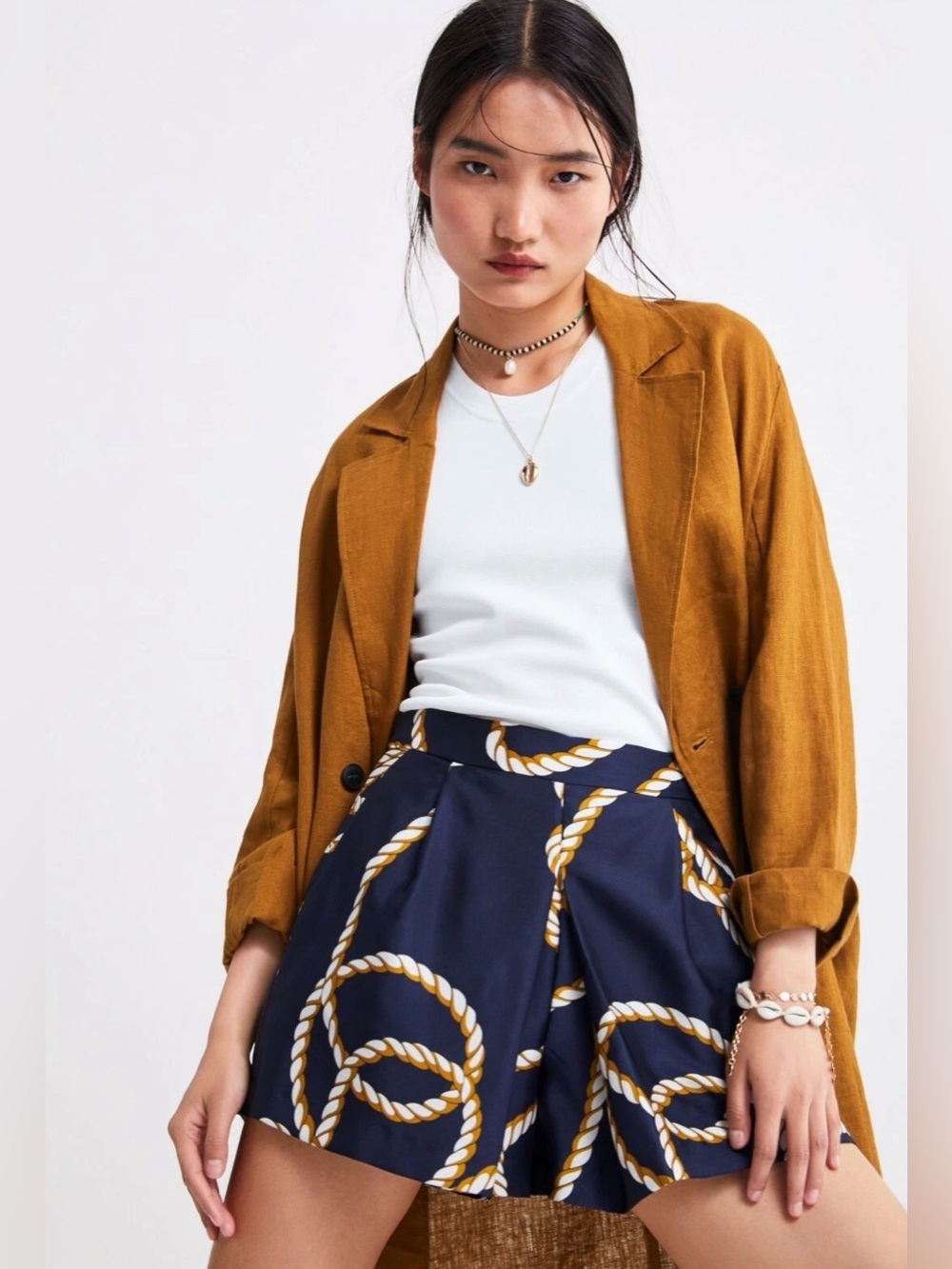 Zara Navy Nautical Rope Print Pleated Skort Shorts Size Medium